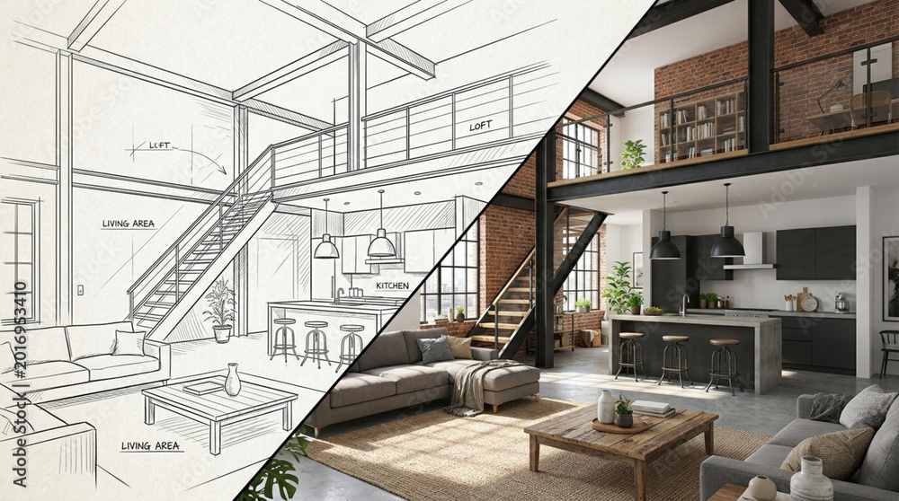 Fototapeta premium 3d. Interior house modern open living space with kitchen.Loft style Duplex apartment residence.Home decoration interior design.drawing line sketch to realistic