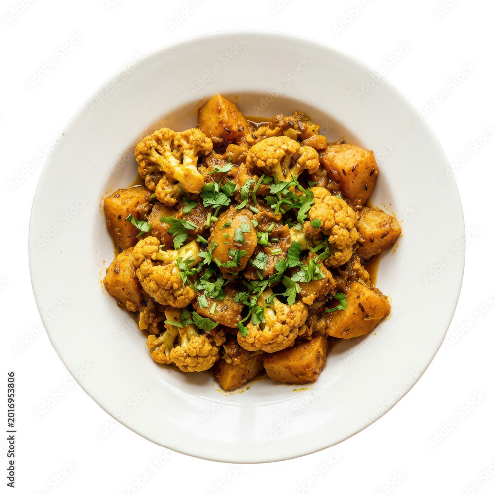 Fototapeta premium Indian aloo gobi potato and cauliflower curry in white bowl