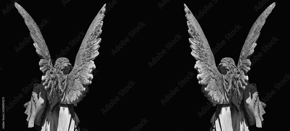 Obraz premium Two dark angel statues forming gothic frame with copy space on black background