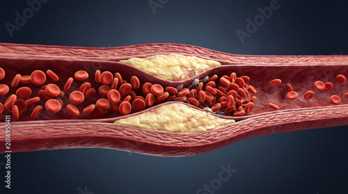 Blocked blood vessel artery poor circulation risks heart health concept. Detailed illustration of blood flow in a human artery.