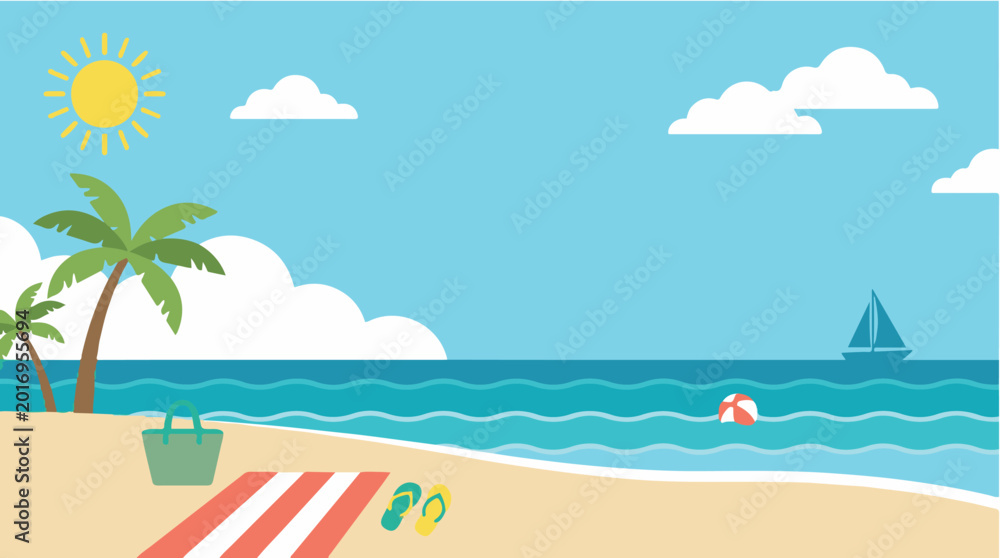 Obraz premium Relaxing tropical beach scene with palm trees, ocean waves, sunny sky, and summer vacation elements in flat vector style.