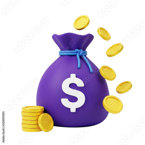 Purple money bag with falling golden coins isolated on black background