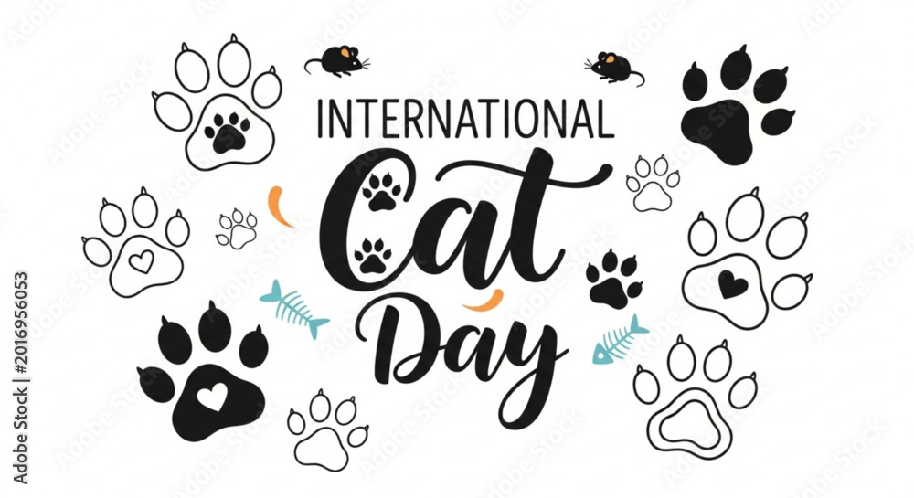 Fototapeta premium International cat day celebration with paw prints and fish illustrations on white background