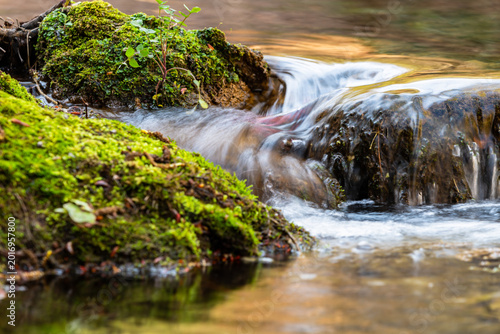 Foto Flowing Water Over Mossy Rocks – Small Waterfall in Forest