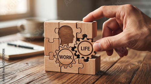 Hand assembling wooden puzzle pieces with gears labeled WORK and LIFE and a head silhouette, symbolizing work-life balance and mental health