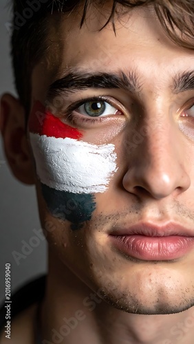 A man's face with a painted flag on his cheek
