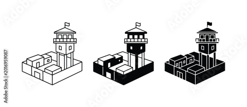 Photos Watchtower Icons, Security Outpost Graphics, Isometric Guard Tower Vector Set