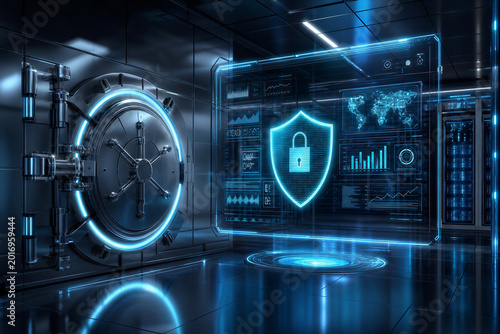 Futuristic Digital Banking Vault with Cyber Security Interface and Financial Data Analytics for Fintech and Online Investment Protection in Modern Data Center Environment