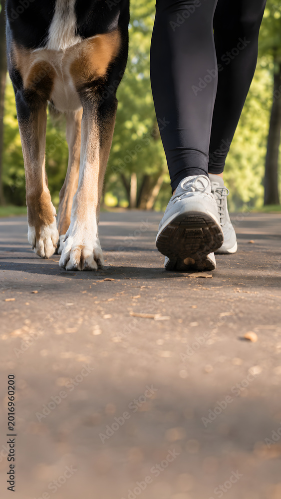 Obraz premium Capturing the bond of dog paws and human feet in scenic nature photography