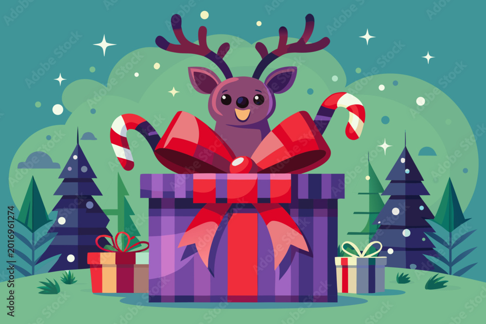 Naklejka premium Merry Christmas greeting card design with gift box and deer, cartoon style