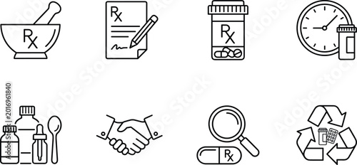 Tableau sur toile Pharmacy Prescription and Medication Icon Set with Healthcare Refill Consultatio