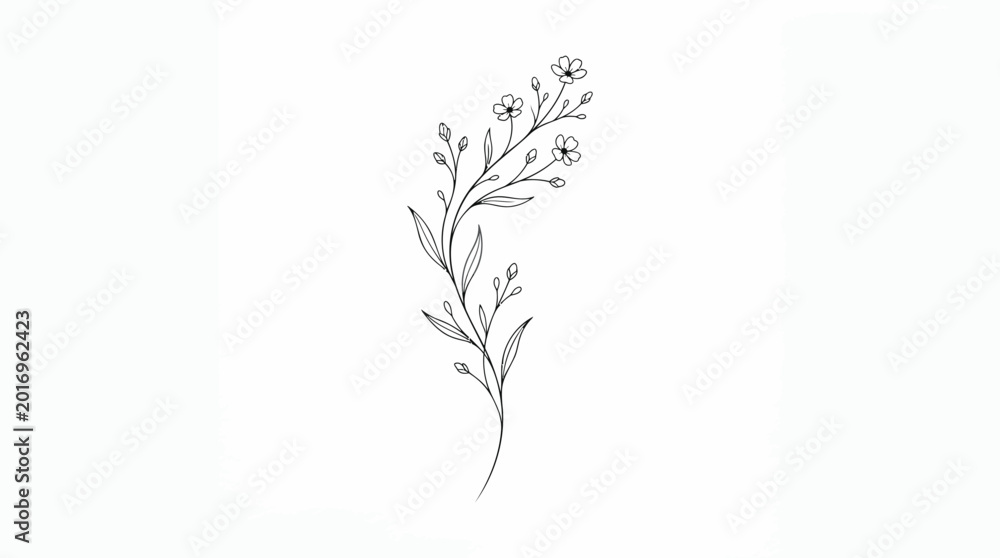 Fototapeta premium Minimalist floral branch, simple line drawing, black and white, vector illustration, decorative element