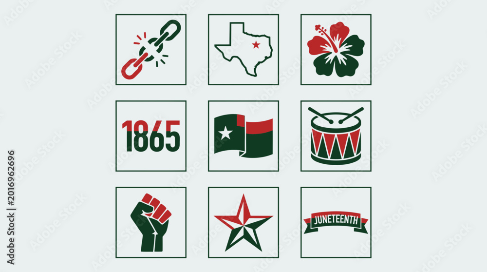 Fototapeta premium Juneteenth Celebration Icons Grid Featuring Texas Map, Emancipation Symbols, and Cultural Imagery