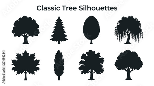Bild auf Leinwand Classic Tree Silhouettes Collection with Oak Pine Maple and Willow Shapes