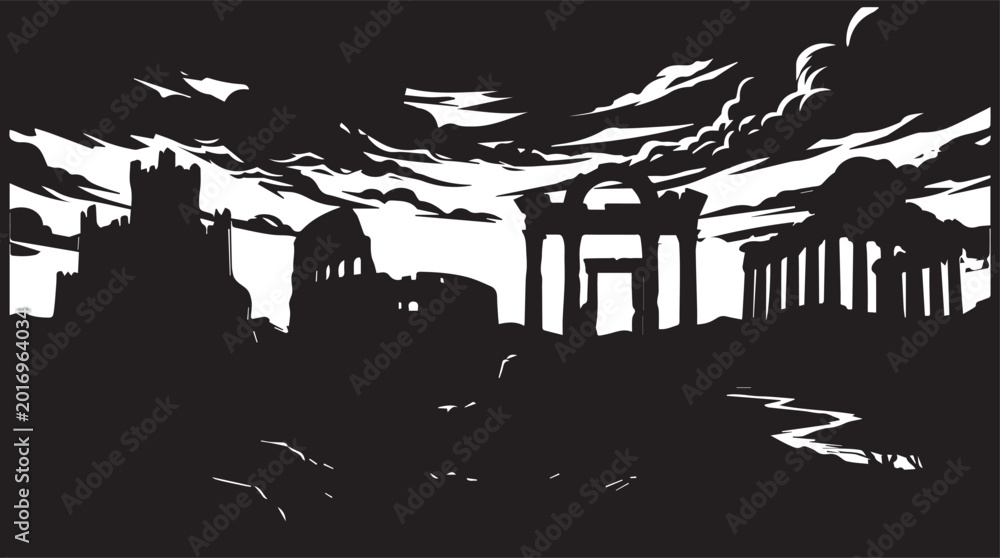 Obraz premium Silhouette of roman forum ruins at sunset with dramatic clouds and river black and white silhouette dramatic architecture abandoned mysterious background