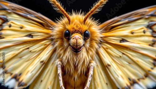 The image features a close up view of a butterfly with its wings fully spread, revealing intricate patterns and a striking coloration of cream, brown, and orange hues