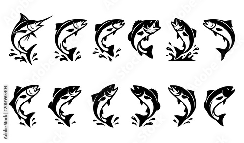 Foto Jumping fish silhouette icon set vector marine animal collection