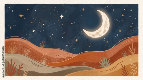 A serene desert landscape at night with a crescent moon shining brightly in the starry sky above sandy dunes and sparse vegetation.