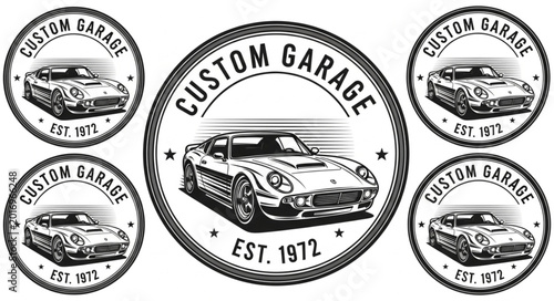 Konstfotografi Vintage Custom Garage Emblem with Classic Sports Car Illustration