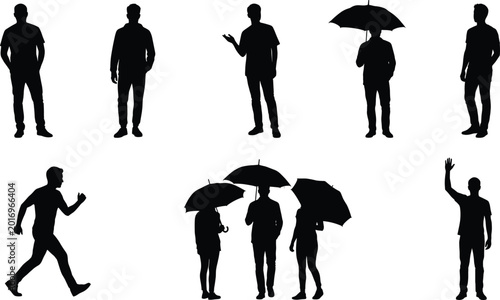Foto Professional collection of man silhouettes in diverse lifestyle poses including walking, standing, waving, and people holding umbrellas during rain for versatile creative design projects