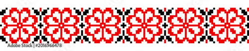 Ukrainian Vyshyvanka embroidery border, red and black traditional geometric folk ornament seamless vector pattern