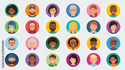 Diverse Group of People Avatars in Circular Frames.