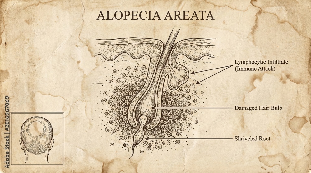 Obraz premium Detailed Alopecia Areata Diagram Illustrates Hair Follicle Damage.