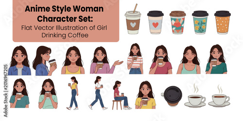 Anime Style Woman Character Set, Flat Vector Illustration, Girl Drinking Coffee, Cute Female Avatar Collection, Coffee Cup Poses