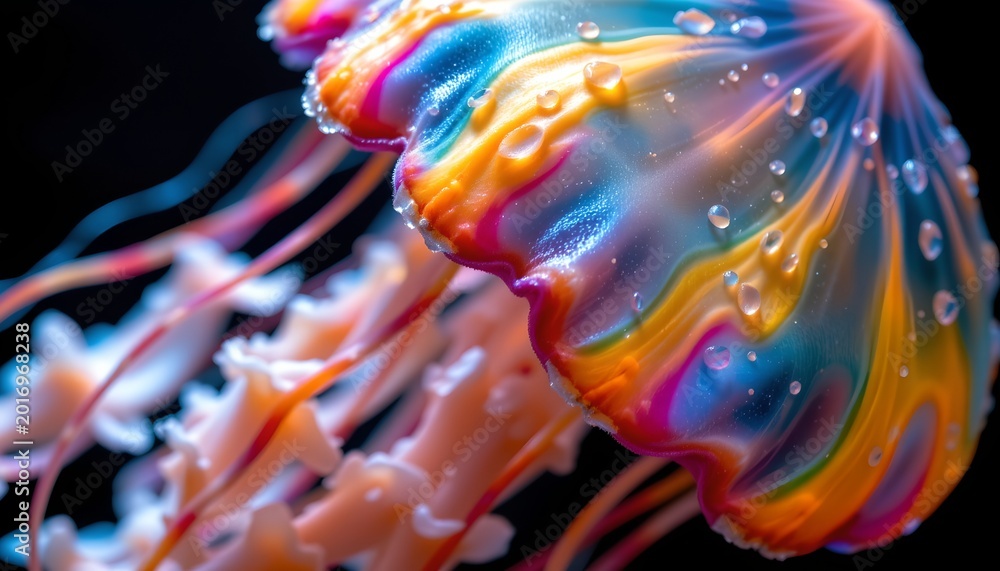 Obraz premium The image features a vibrant, multicolored jellyfish with a semi translucent, dome shaped bell displaying swirling hues of blue, orange, pink, and yellow