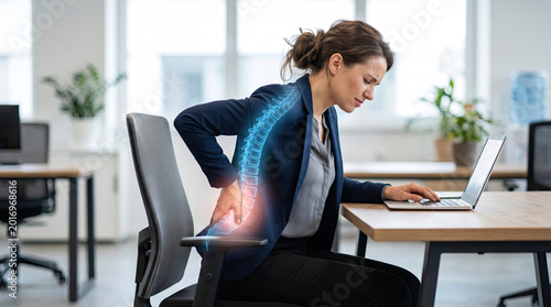Woman suffering back pain from poor posture while working concept. Woman experiences back pain while working at her office desk.
