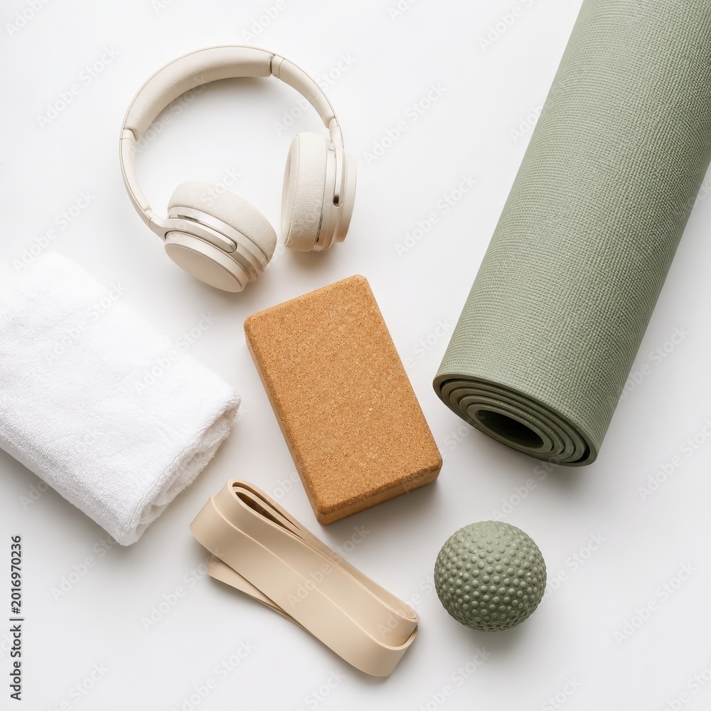 Obraz premium Yoga and recovery set with cream headphones green mat cork block resistance band massage ball and towel