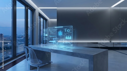 Modern office with holographic display on desk showcasing data and futuristic technology