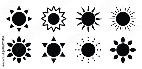 Eight unique black sun icons isolated on a white background in this clean vector illustration