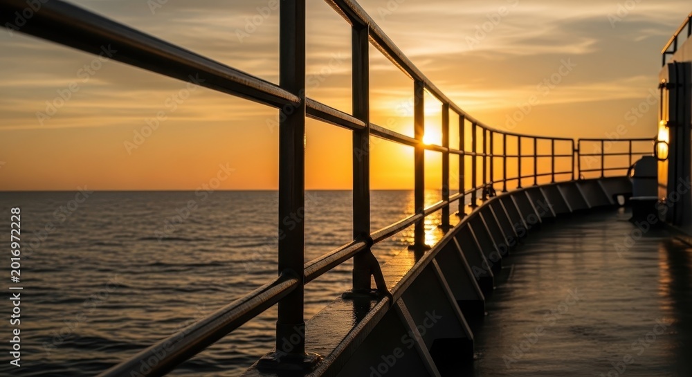 Fototapeta premium Serene Sunset Over Ocean with Boat Handrail and Calm Waters