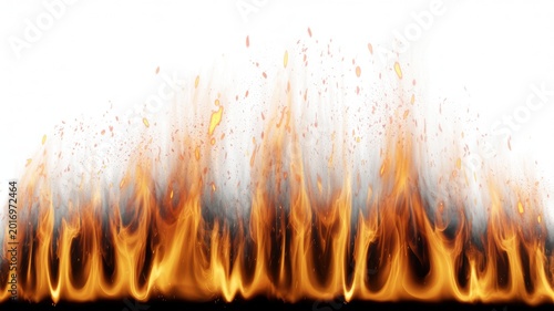 Bright orange flames rising upwards with glowing embers and smoke particles isolated on a clean white background creating a dynamic and powerful visual heat effect