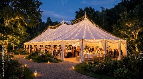 A beautifully adorned tent hosting a joyful evening celebration under twinkling lights.