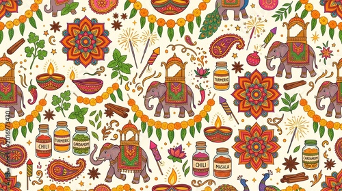 Colorful seamless Diwali festival pattern with decorated elephants diya lamps marigold garlands mandala flowers spices and fireworks