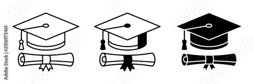 Bild auf Leinwand 3 Graduation cap diploma silhouette icons set, solid black style, academic achie