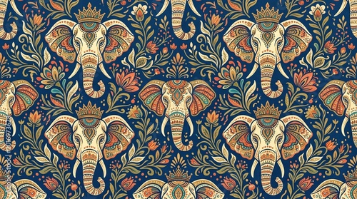 Seamless Indian elephant floral pattern with ornate decorated heads crown motifs botanical vines and dark blue textile background