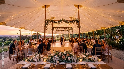 A beautifully decorated wedding reception under a tent with warm lighting and guests.