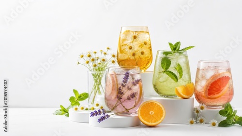 Pastel glass cups with iced herbal tea citrus mint and chamomile on pedestals for summer wellness drinks