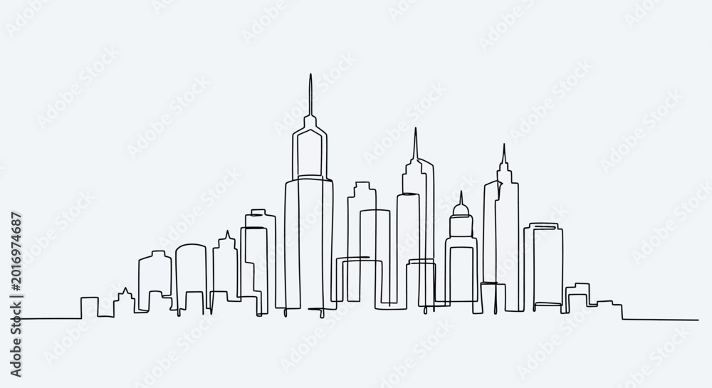 Fototapeta premium Minimalist Cityscape Line Art: Modern Skyscrapers Silhouette on White Background