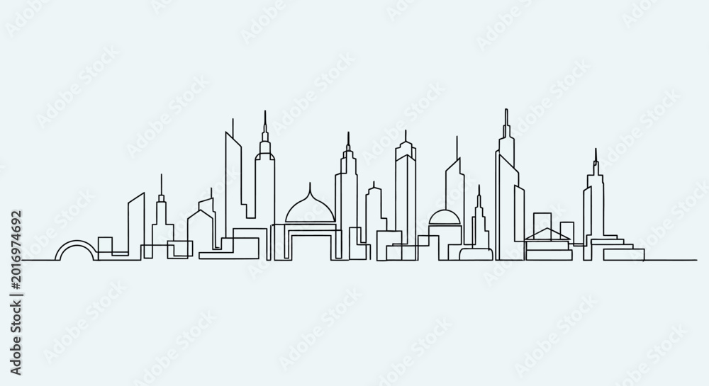 Fototapeta premium Minimalist Cityscape Silhouette, Continuous Line Drawing of Modern Skyline Architecture