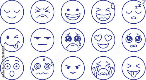 Blue emoji and emoticon line art vector icons.