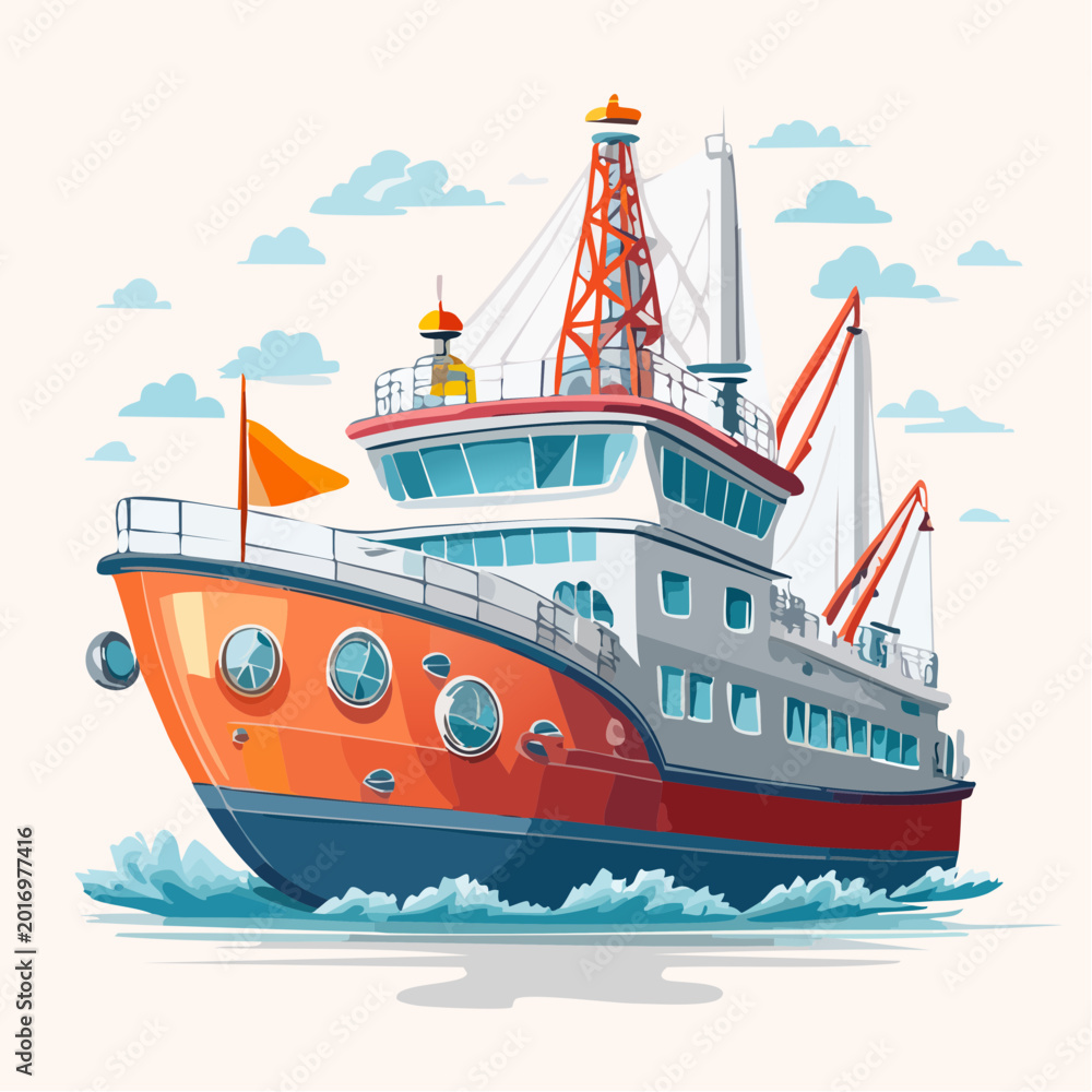 Fototapeta premium Cartoon Illustration of a Modern Ship Sailing on Water
