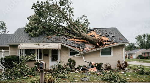 Tree falls on a house roof during severe storm damage concept. A damaged home after a storm, highlighting the impact of natural disasters on communities.