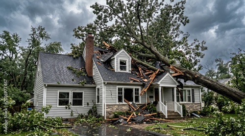 Tree falls on a house roof during severe storm damage concept. A damaged house after a storm, featuring fallen trees and debris on the roof.