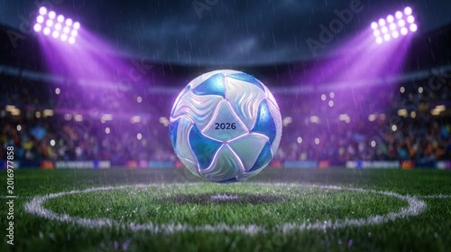 A shiny soccer ball marked 2026 floats above center field in a dark stadium under purple floodlights.