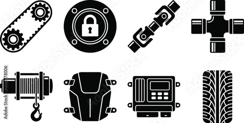 Bild auf Leinwand Vehicle Mechanical and Safety Components Icon Set Featuring Gears, Locks, Winche