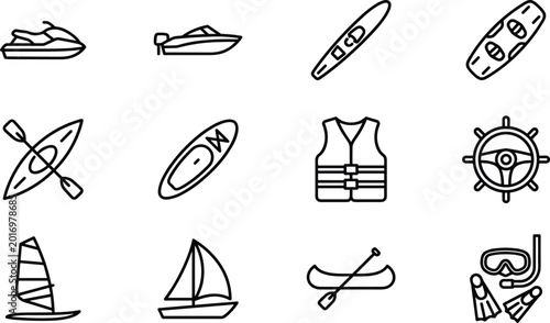 Obraz na plátně Water Sports and Marine Recreation Icon Set with Kayak Sailboat Life Jacket and